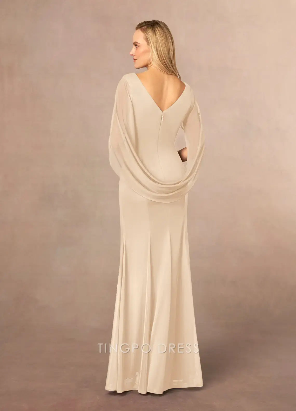 TingPo Wholesale Elegant Mother of the Bride Champagne Mermaid Scoop Pleated Mesh Dress hot sale for ladies